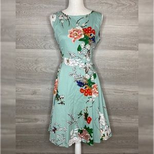 Blue Floral Bird Print Dress by OWIN Size Large